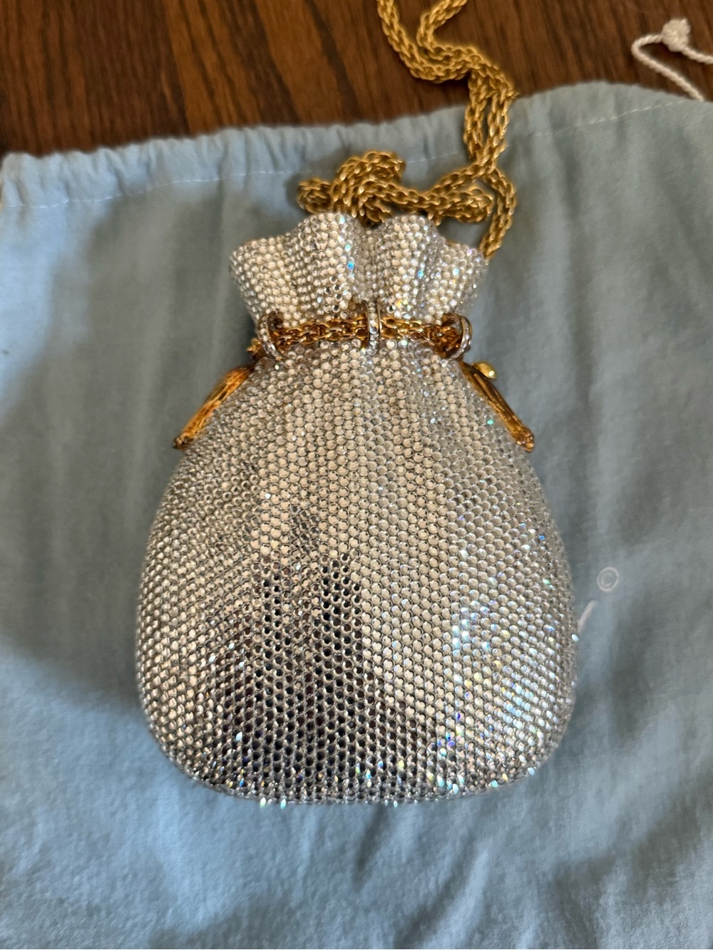 Judith Leiber Silver Crystal Drawstring Minaudière with Gold Chain Strap - Picture 6 of 8